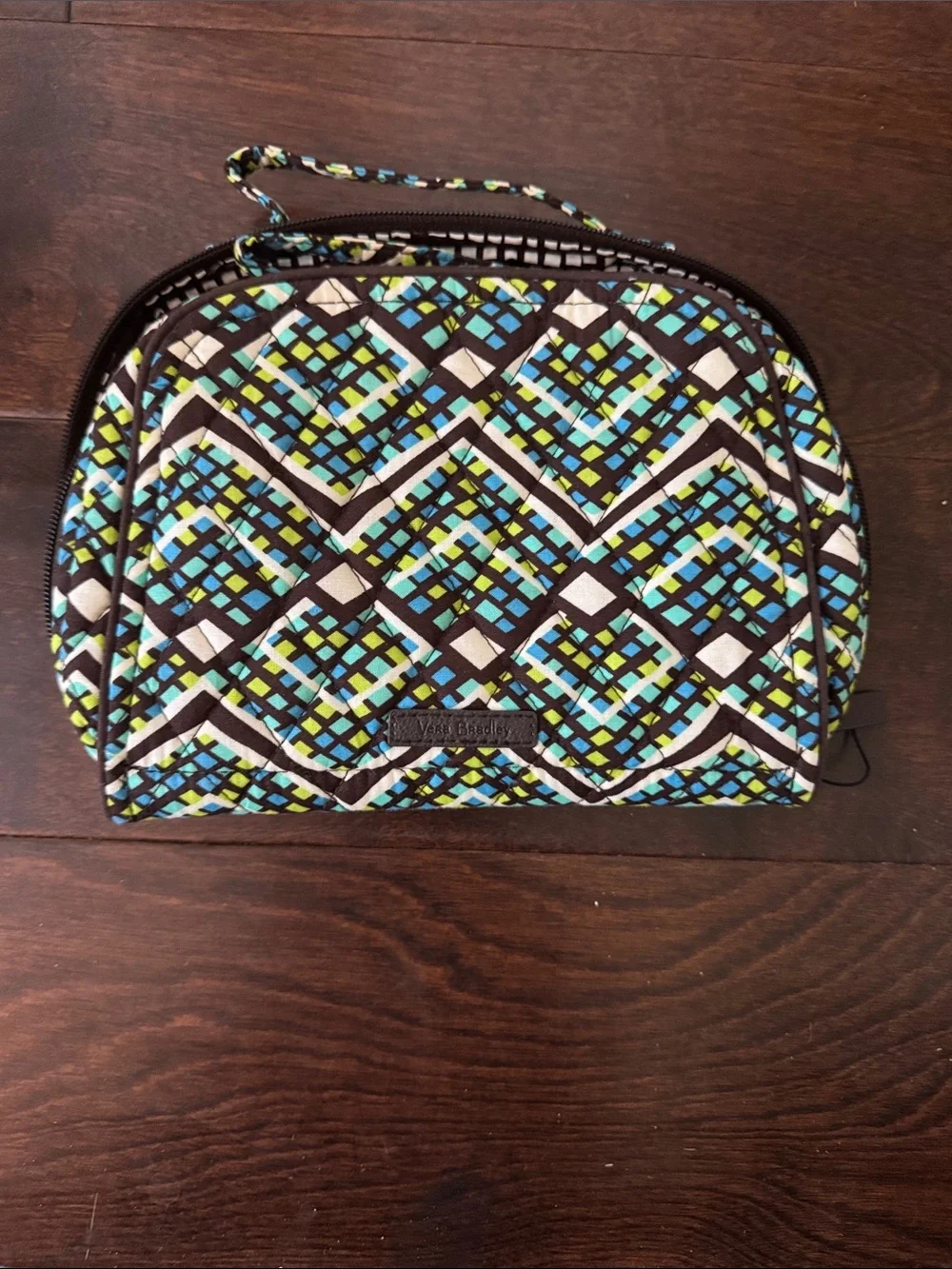 Vera Bradley Quilted Jewelry Travel Case in Blue, Green & White Geometric Print